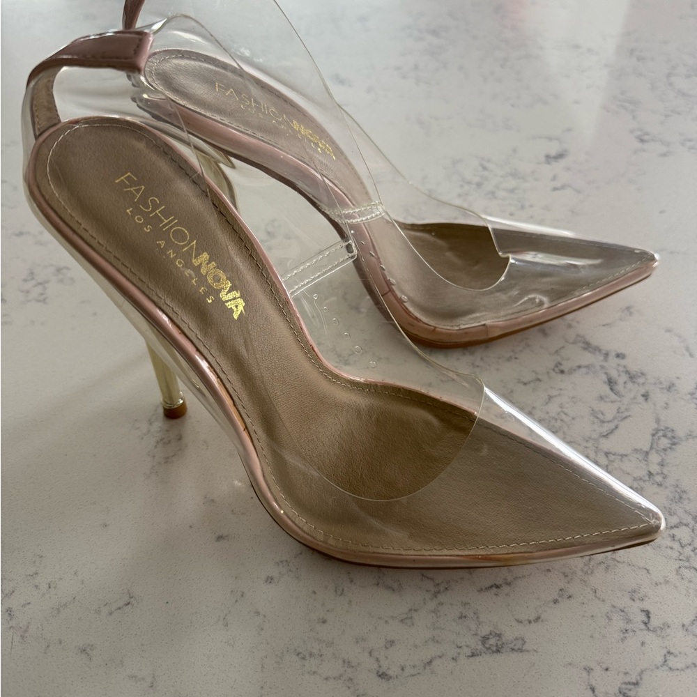 Fashion Nova Transparent and Gold Heels